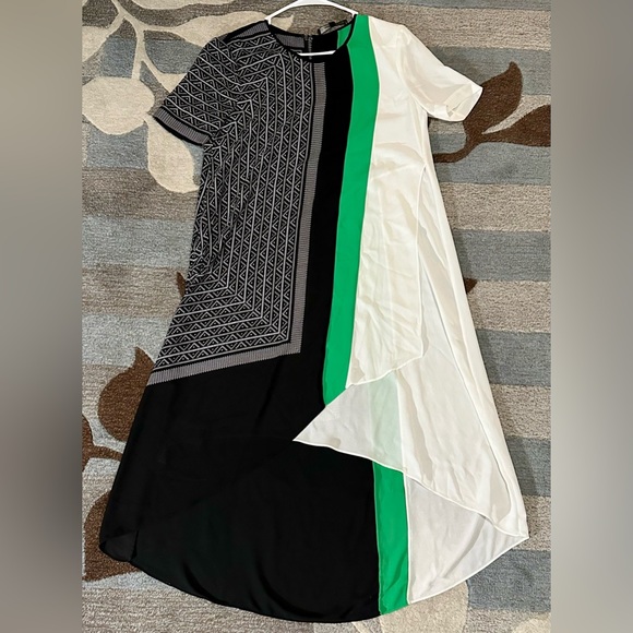 BCBGMaxAzria Adeline Asymmetrical Color Block Geo Print Midi Scarf Dress - Picture 3 of 9